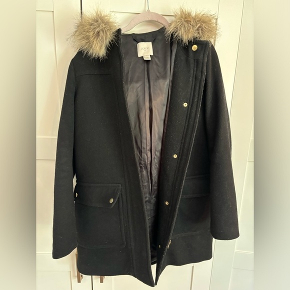 J crew wool blend winter coat faux fur hood size 2 in black casual preppy - Picture 6 of 8